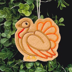 Thanksgiving Turkey Ornament Embroidered on Camel Felt with Oranges, Red and Brown Threads. Autumn, Fall, Christmas Decor or Gift.