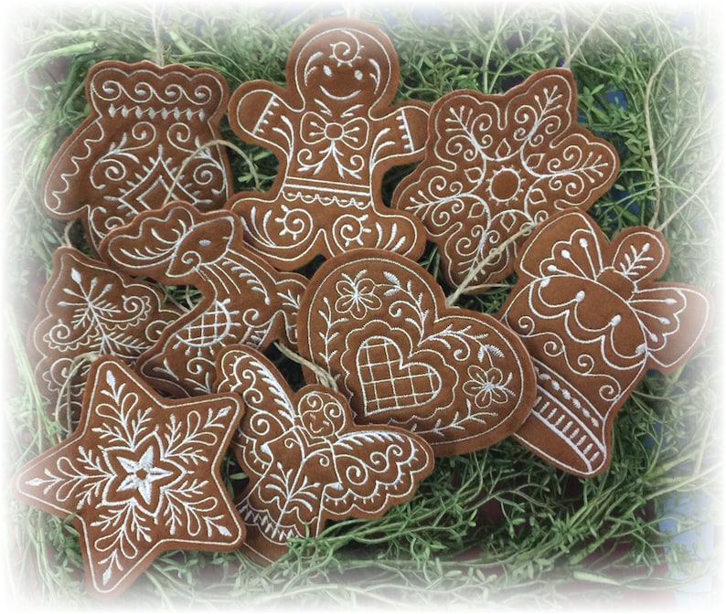 Set of 9 Dark Gingerbread Christmas Cookie Ornaments. Felt Gingerbread Cookies with White Embroidered Icing Designs and Twine Hanging Loops. image 1