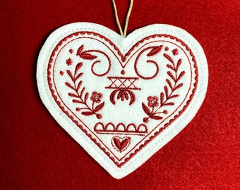 Scandinavian Style Folk Art Heart Ornament Embroidered on White Felt with Red Thread. Hygge Holiday Decor.