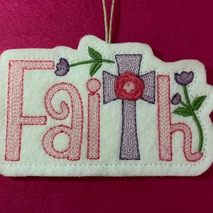 Faith Easter Ornament, Embroidered Felt, Pink Lilac Green Spring Colors