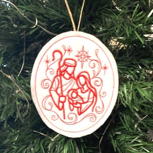 Mary, Joseph and Baby Jesus Ornament Embroidered on White Felt with Red Thread. Holy Family in Bethlehem at Jesus Birth. Christian Religion