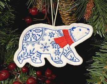 Winter Polar Bear Ornament Embroidered on White Felt with Blue Accents and a Red Scarf. Polar Bear with Folk Art Designs.