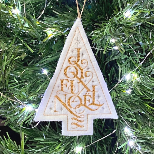 Joyeux Noel Christmas Tree Ornament Embroidered on White Felt with Gold and Silver Threads. Elegant, French, Sophisticated Ornament.