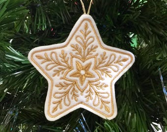 Christmas Star Ornament Embroidered on White Felt with Gold Thread. Elegant Holiday Decor or Gift Tag.