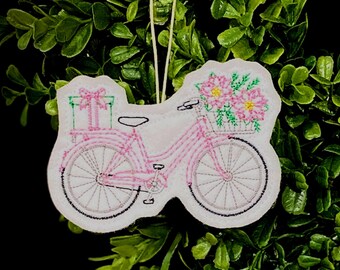 Pink Bicycle Ornament with Basket of Flowers in Front and Gift on Back. Embroidered on White Felt with Pink Thread. Birthday Party Decor.