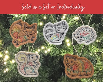 Mini Woodland Animal Ornaments Sold Individually or as a Set. Includes a Fox, Squirrel, Raccoon, Hedgehog and a Bear Embroidered on Felt.