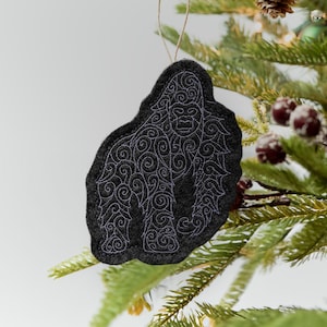 Swirly Gorilla Ornament Embroidered on Charcoal Felt with Gray Thread. Safari, Zoo Animal Gift people with a Love of Gorillas.