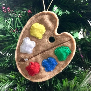 Artist&#39;s Palette with Brush. Appliqued & Embroidered Artist Palette and Paintbrush. Painter gift. Red, White, Yellow, Green and Blue Paint.