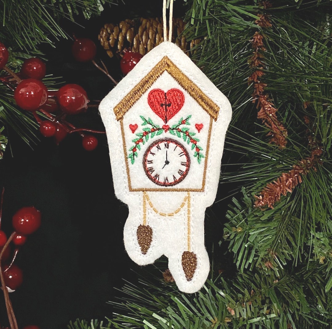 Cuckoo Clock Ornament Embroidered on White Felt With Red, Green, Brown