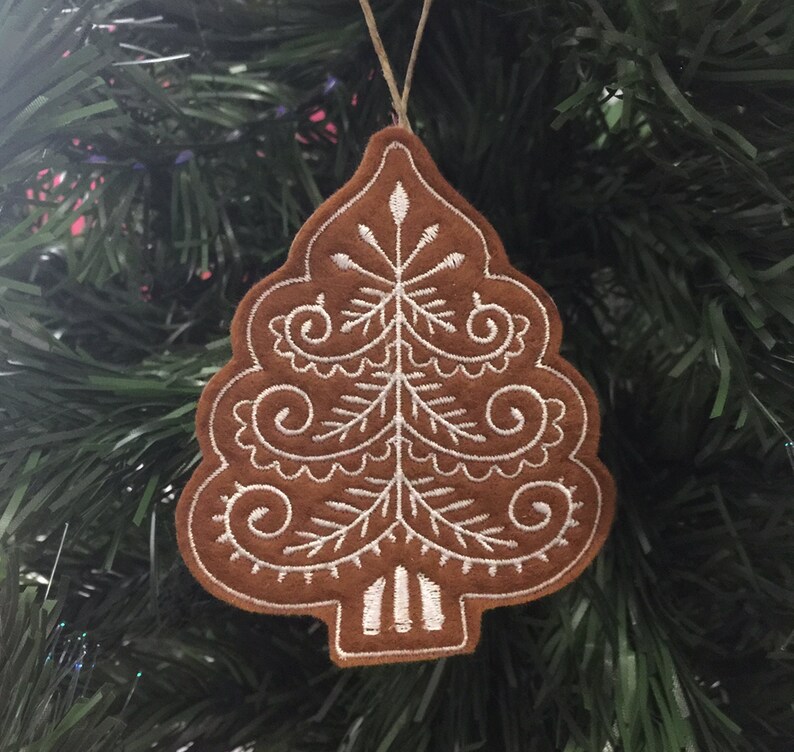 Set of 9 Dark Gingerbread Christmas Cookie Ornaments. Felt Gingerbread Cookies with White Embroidered Icing Designs and Twine Hanging Loops. image 9