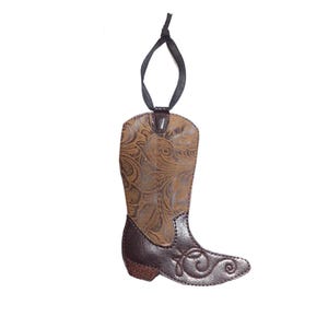 Handmade Cowboy Boot Ornament Looks Like Real Tooled Leather. Cowgirl Boot Made of Dark Brown Vinyl and Polyester image 1