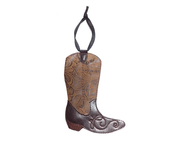 Handmade Cowboy Boot Ornament Looks Like Real Tooled Leather. Cowgirl Boot Made of Dark Brown Vinyl and Polyester