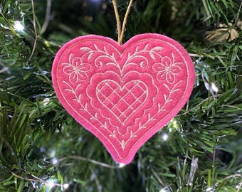 Candy Pink & White Heart Ornament Embroidered on Felt. Valentines Day Decor or Gift Tag.