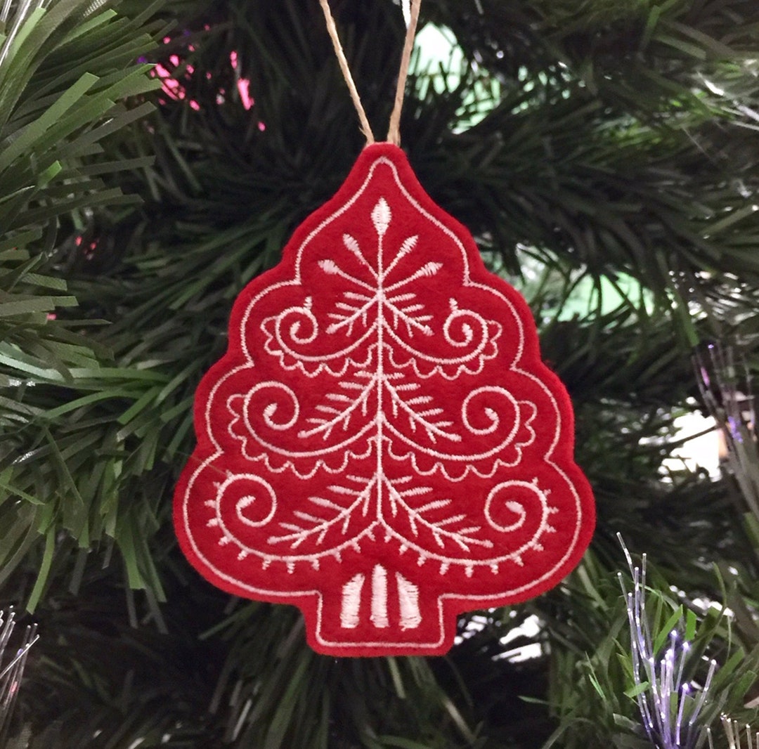 Red and White Christmas Tree Ornament Embroidered on Felt. Etsy
