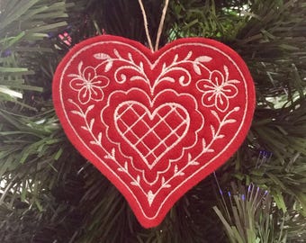 Red and White Heart Ornament Embroidered on Felt.