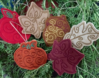 Set of 6 Fall or Thanksgiving Ornaments. Looks great on a long vine. Embroidered Felt Ornaments with Twine Hanging Loops.