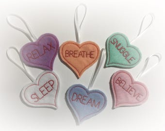 Set of 6 Mini Valentines Day Heart Ornaments or Gift Tags Embroidered on Felt. Self Care Ornaments. Heart Ornaments. Valentine Gift.