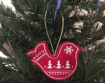 Swedish Christmas Bird Ornament Embroidered on Red Felt with White Stitching. Nordic Holiday Decor.