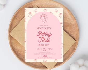 Berry First Birthday Invitation | Editable Strawberry Theme Girl Invite | 1st Birthday Party | Canva Template | Instant Download