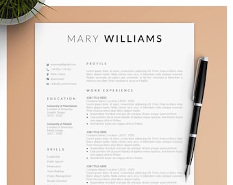 Modern Resume Template | CV Template, Cover Letter | Professional Minimalist Resume Template Word, Clean Resume Template | Instant Download