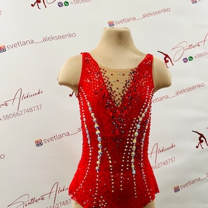 Può includere: Un body rosso con strass e scollatura a V. Il body ha un corpetto aderente e una gonna che si allarga nella parte inferiore. Il body è decorato con strass di vari colori, tra cui rosso, trasparente e argento.