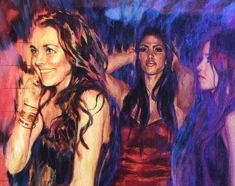 Hollywood Clubbin&#39; feat Lindsay Lohan and the Kardashians - Acrylic, Oil, Iridescent Pigments on Canvas on 23 x 32&quot; Heavy Duty Stretchers