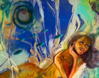 Opening  Portals - Oil, Acrylic, Resin, and Holograph on 9x9in Wood Panel Painting