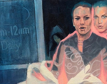 Vida cotidiana con Lindsay Lohan - Óleo, acrílico y lápiz de color sobre lienzo de 28 x 35 pulgadas