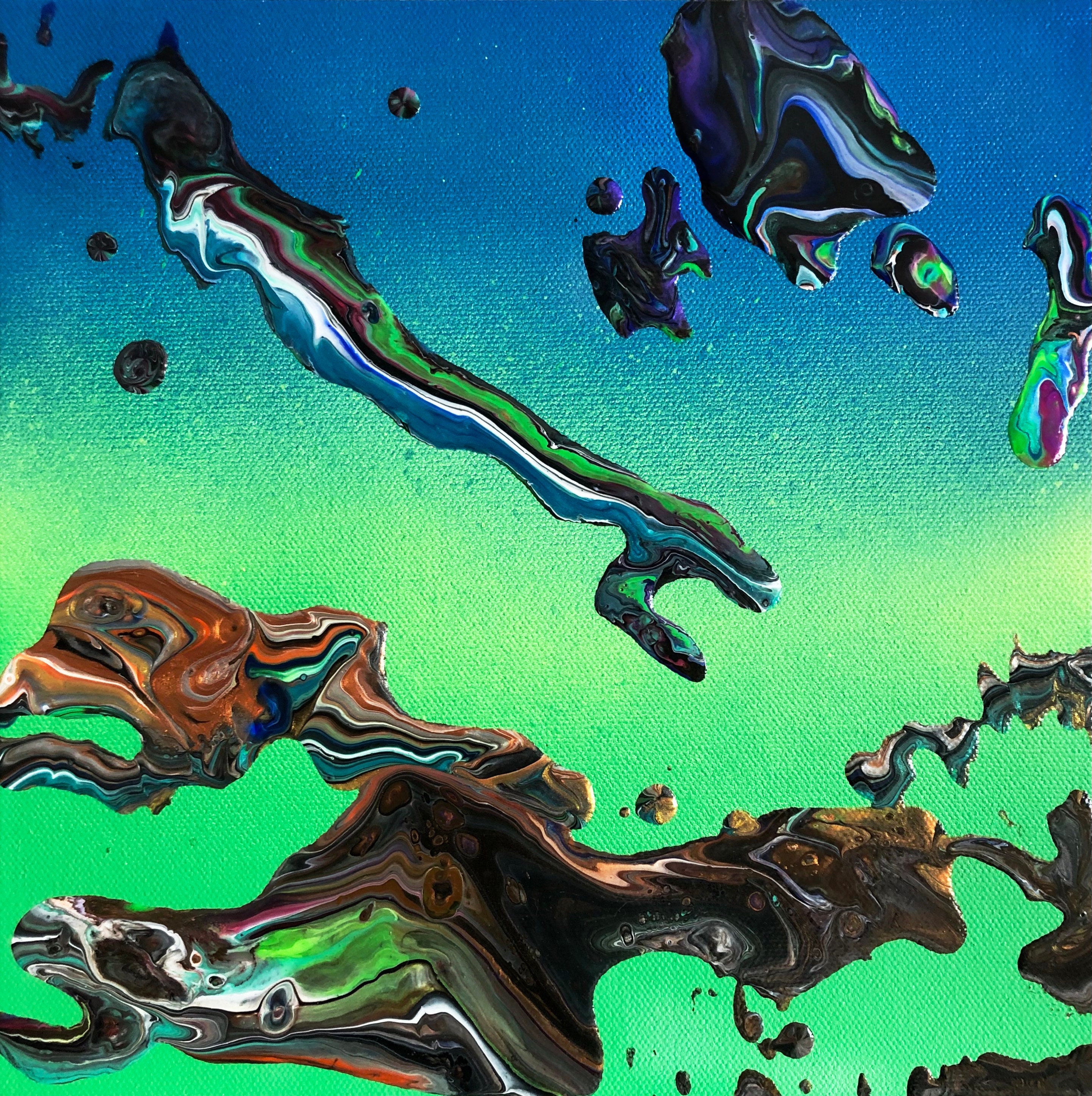 Cosmic Snake - Resined Neon Acrylic, Aerosol, and Metallic Pigment on Canvas 10x10in Painting.