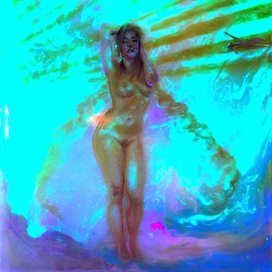Bombshell Venus Neon Oil Painting - 9x9in Plexiglass Float Panel
