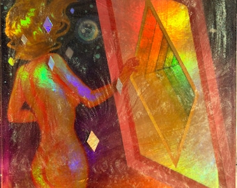 Mirror Portal - Oil, Acrylic, Mica, and Holograph on 6x6in Wood Panel Painting