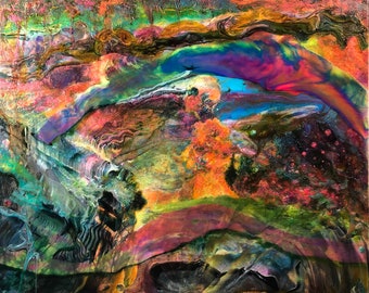 Poured Visions - Acrylic, Oil, and Glow in the Dark Pigment on Framed Canvas 20 x 16 inch Painting