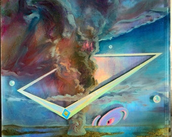 Volcanic Portal - Polished Art Resin, Oil, Acrylic, and Mica over Holograph on Wood Panel Painting.