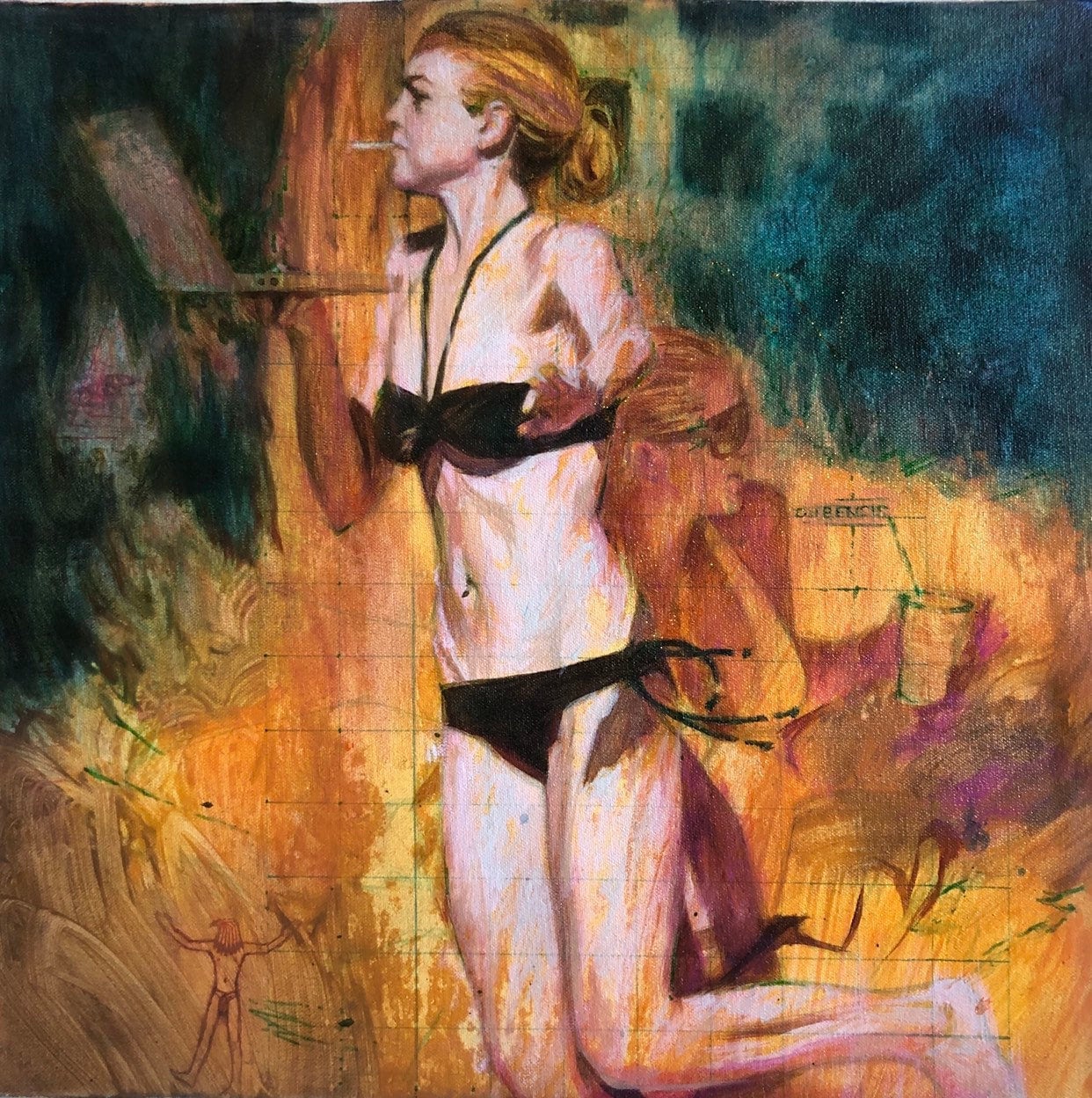 Poolside Sighting feat. Lindsay Lohan - Acrylic, Oil, and Glitter on Canvas on 12 x 12" Heavy Duty Stretchers