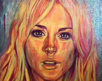 Starry Eyed feat. Lindsay Lohan - Acrylic, Oil, Iridescent Pigments, Glitter, and Color Pencil on Canvas 23 x 32&quot; on Heavy Duty Stretchers