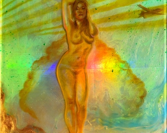 Bombshell Venus - Oil, Neon Acrylic, Resin, and Holograph on 9x9in Neon Plexiglass Float Panel Painting