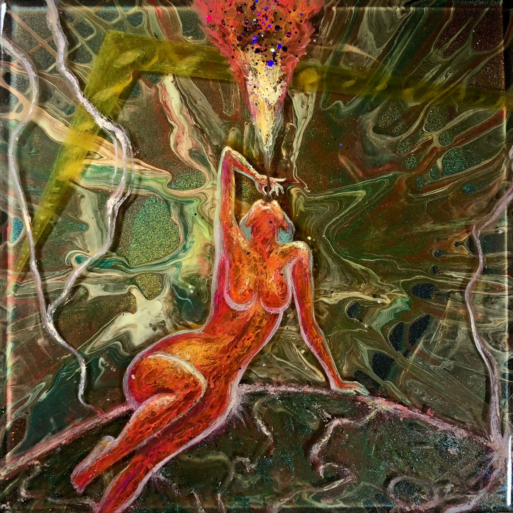 Eternal Embers - Resin, Neon Oil & Acrylic Paint, Glitter, Chameleon and Glow-in-the-Dark Pigments, and Holographic Vinyl on Wood Panel