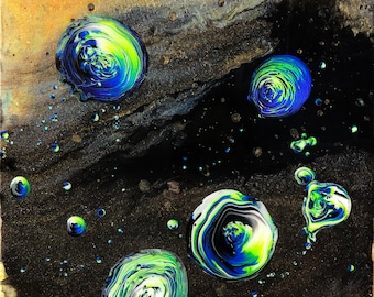 Anomalies - Resin, Neon Acrylic Paint, and Metallic Pigment on 20x20in Stretched Canvas