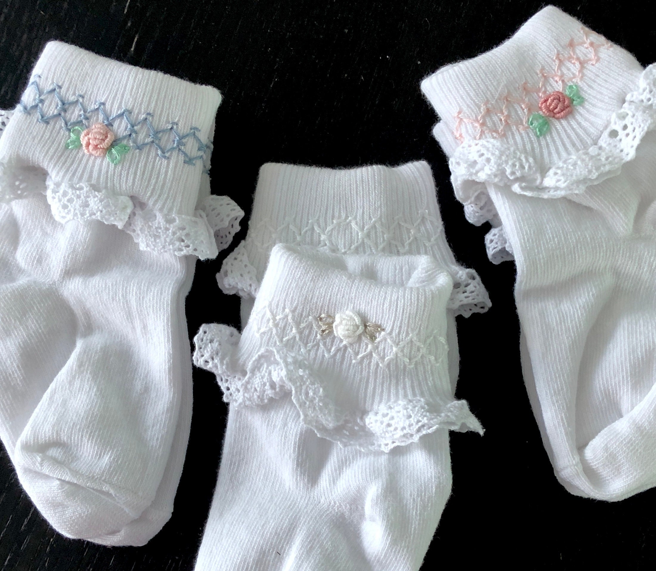 Hand Smocked Frilly Ankle Socks, Rosebud Embroidery, Little Girl