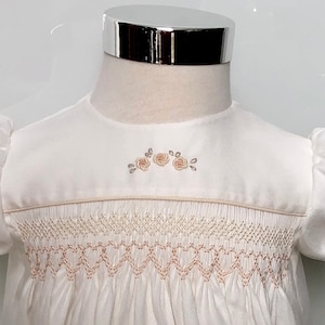 Baby dress, Hand smocked and embroidered in ivory pique with ecru & blush rosebuds, special occasion dress for baptism or wedding