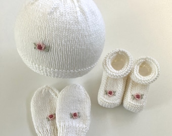 Hand-Knitted Merino Wool Newborn Set in winter white with pink rosebuds - Booties, Hat & Mittens