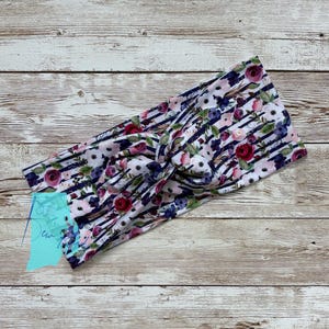 Floral Stripe Twist Headband, Flower Print, Stretchy Double Brushed Polyester Spandex