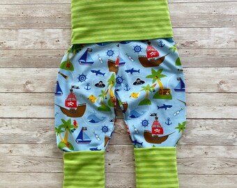 pirate pants for kids, gender neutral grow with me pants, jogger pants for boys, 6 month boy pants, 4T girl clothes, eco friendly clothing