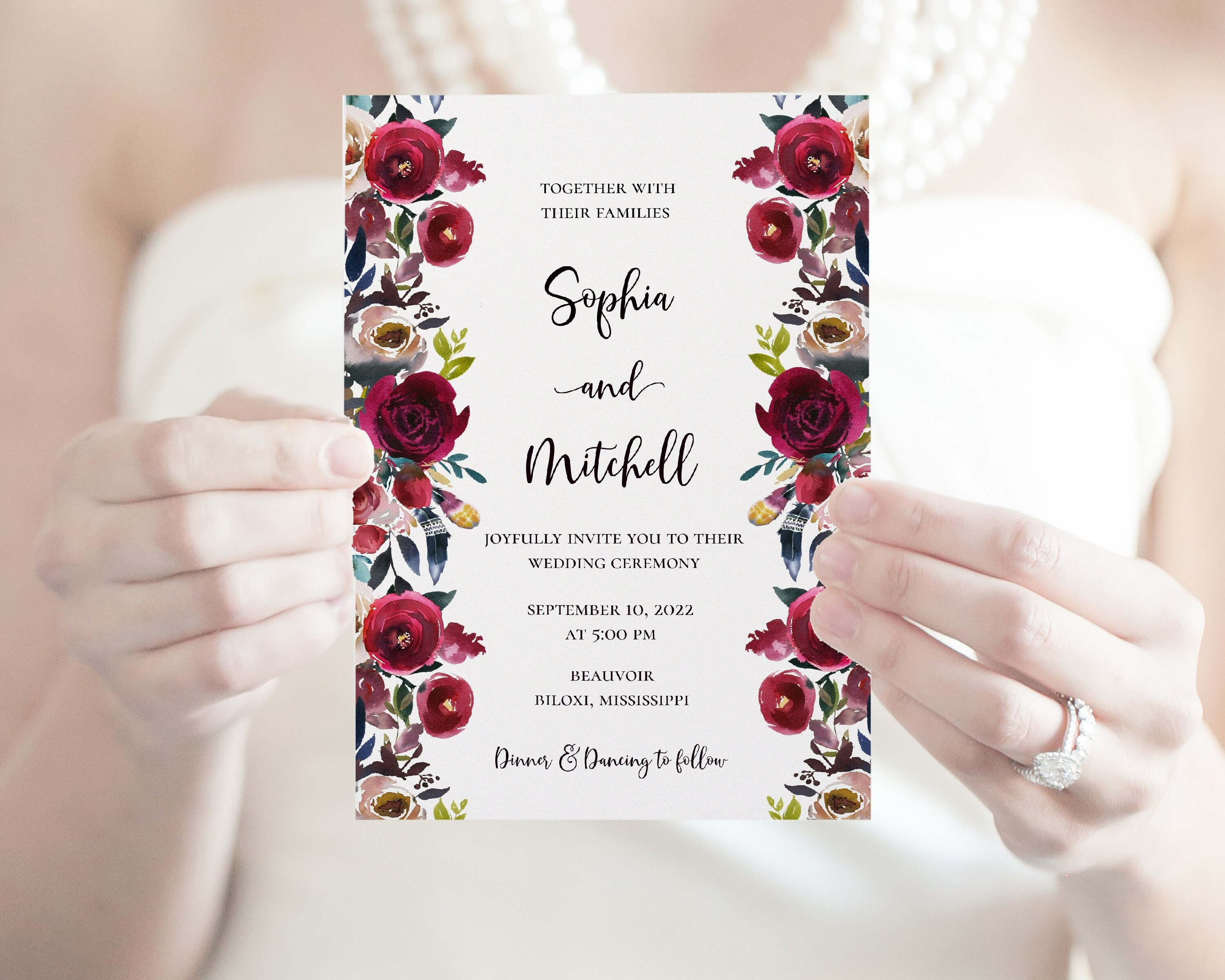 Corjl Template Marsala Wedding Invitation Burgundy Floral Wedding Invitation Template Editable Text Instant Access WI215