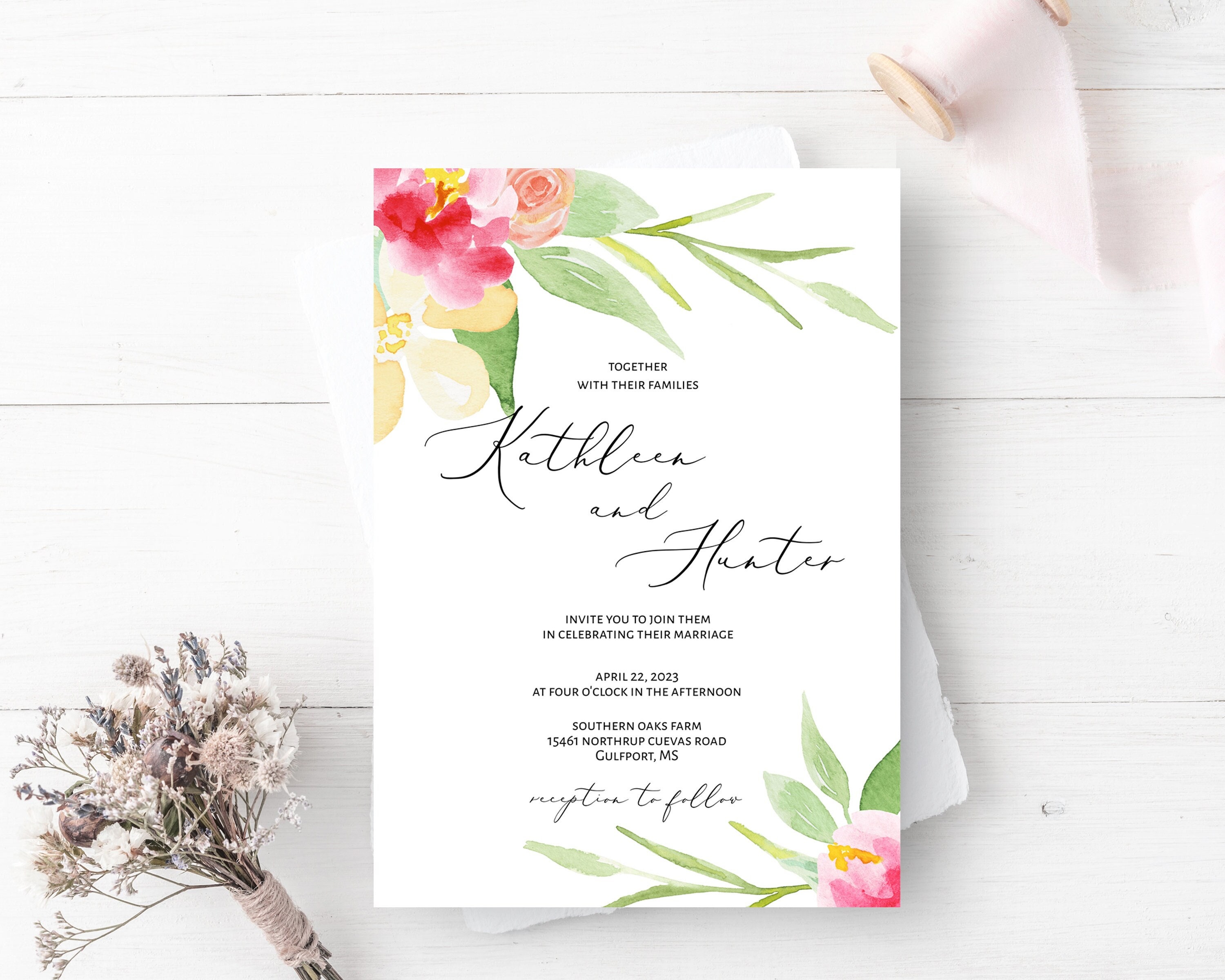WI245 Watercolor Florals Wedding Invitation Wedding Invitation Template Editable Printable File Instant Download