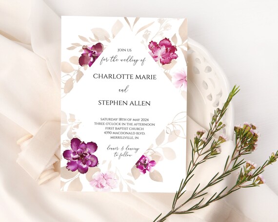 Ink Flowers Wedding Invitation Editable Printable File WI342 Instant Download Wedding Invitation Template