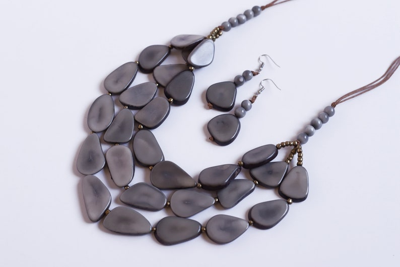 Grey Statement Tagua Necklace Set with Earrings-Eco Friendly-Sustainable Beaded Jewelry-Bold Gift Idea Mom Sister Fall Handmade Nut