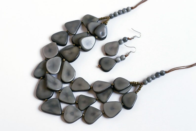 Grey Statement Tagua Necklace Set with Earrings-Eco Friendly-Sustainable Beaded Jewelry-Bold Gift Idea Mom Sister Fall Handmade Nut
