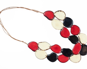 Collier rouge, noir et crème ensemble avec boucles d’oreilles- Bijoux perlés durables-Unique Bold Gift Idea Maman Sœur Demoiselles d’honneur