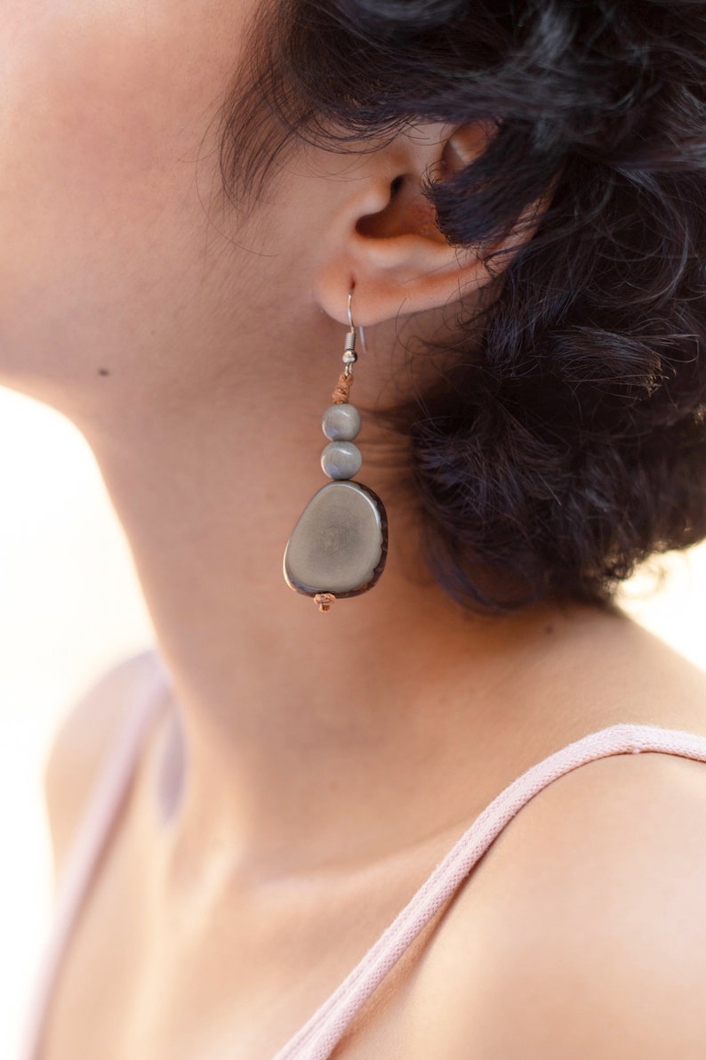 Grey Statement Tagua Necklace Set with Earrings-Eco Friendly-Sustainable Beaded Jewelry-Bold Gift Idea Mom Sister Fall Handmade Nut